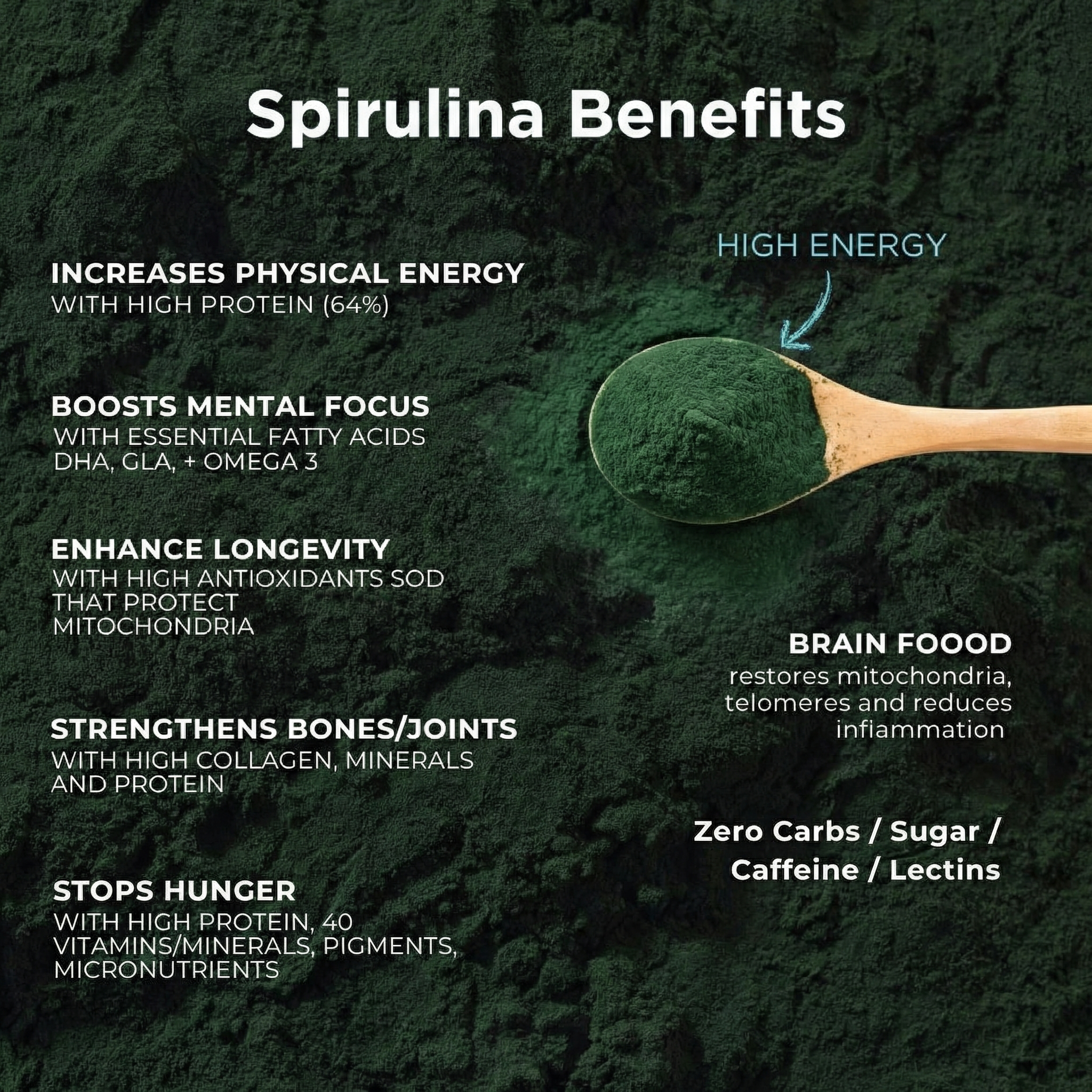 Spirulina powder with a wooden spoon and text listing benefits on a dark green background
