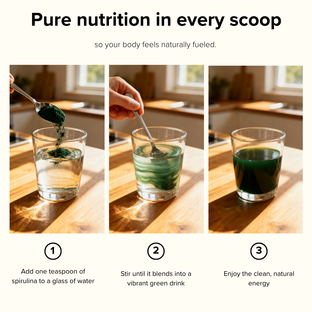 Step-by-step process of adding spirulina to water and enjoying a green drink.