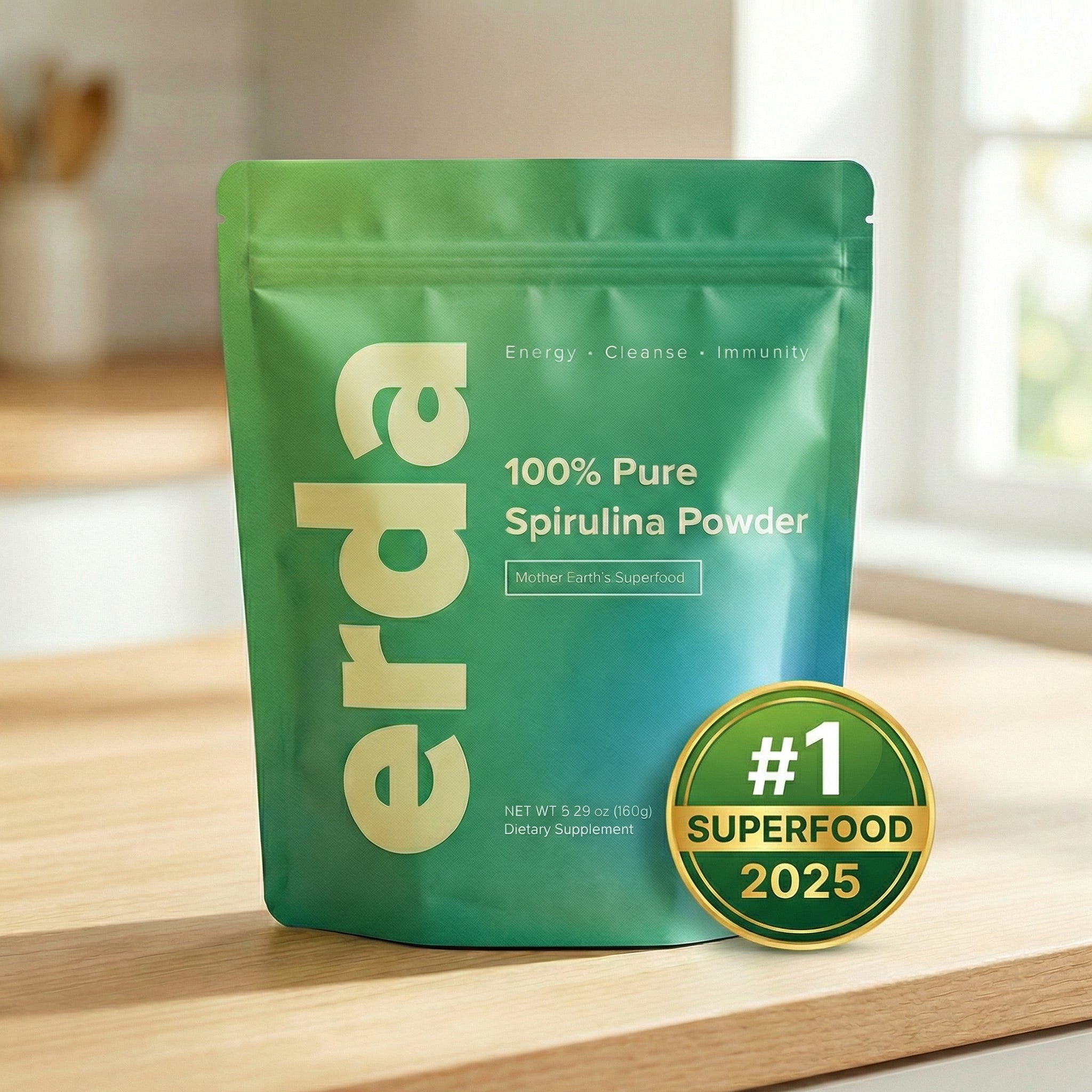 Green package of erda 100% Pure Spirulina Powder on a wooden surface with a '#1 Superfood 2025' badge.